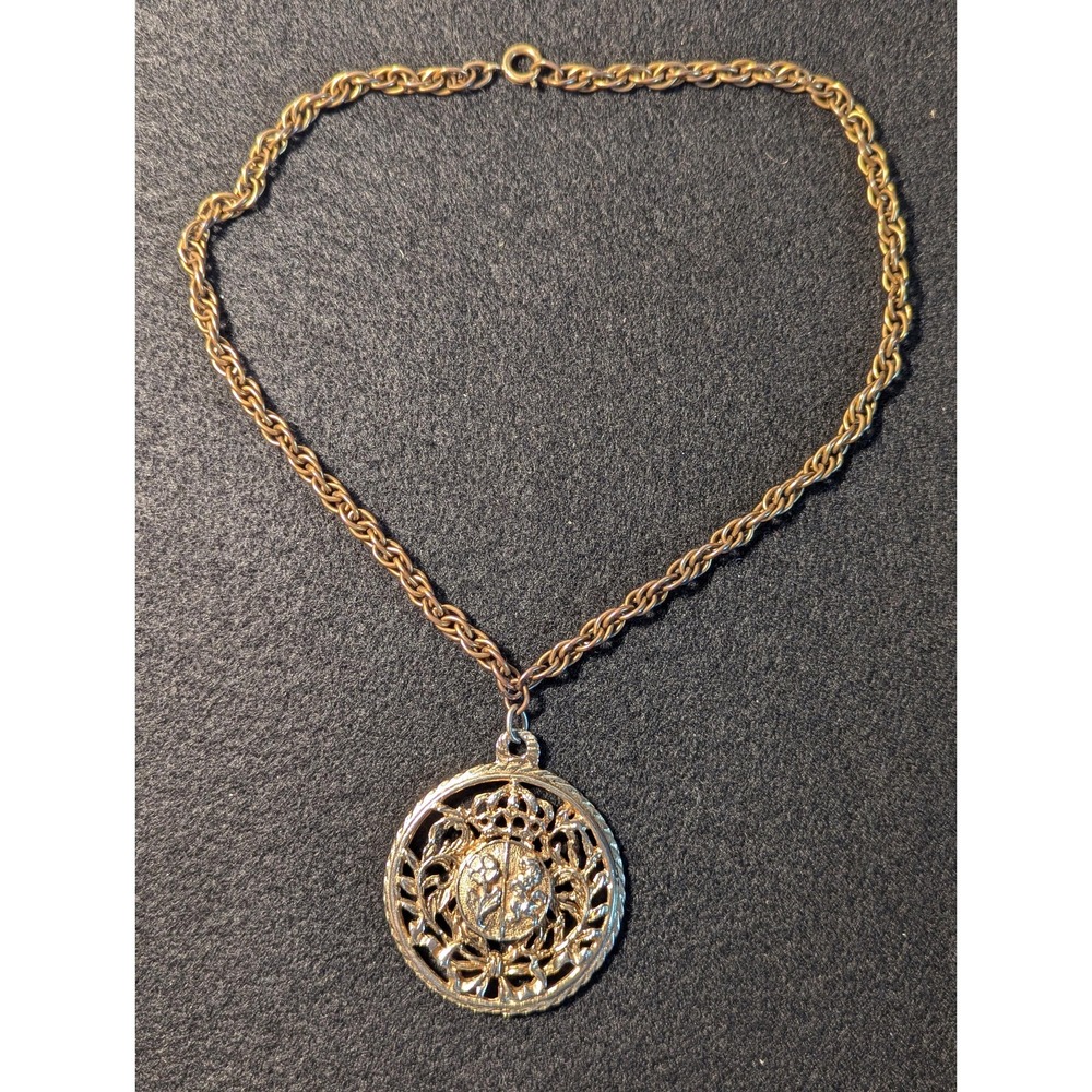 Coro Gold Tone Crown Crest Pendant Necklace Vintage Filigree Heraldic